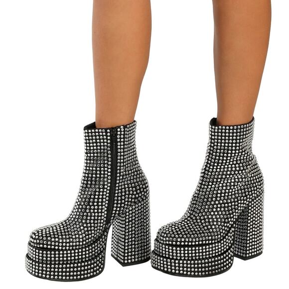 Steve Madden Size 6 M Black Cobra Rhinestone Platform Bootie Block Heels E4-1 - Picture 1 of 9